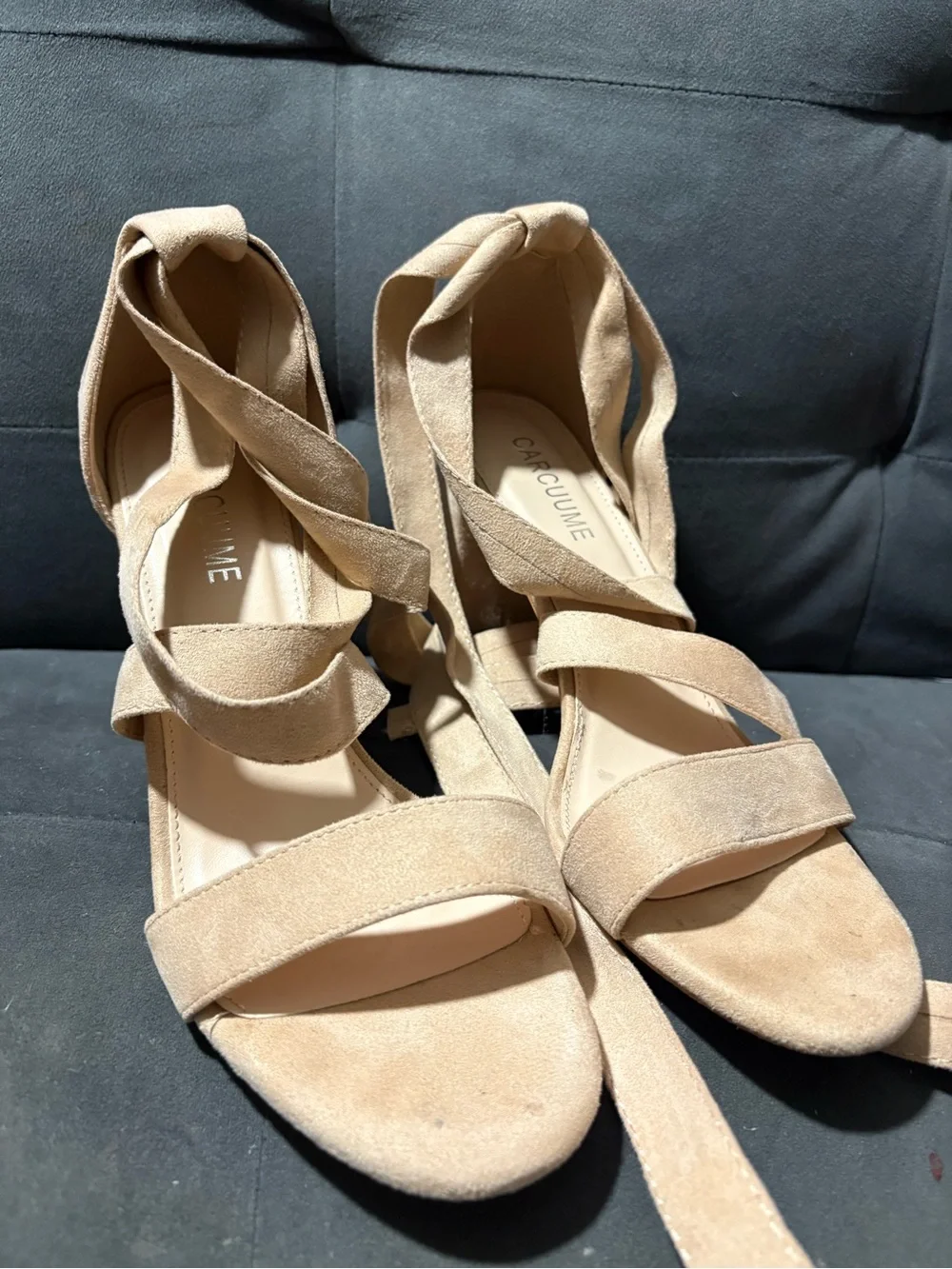 Carcuume Strappy Women Chunky  High Heels Sandals Lace up Nude Block Heel,Ellery